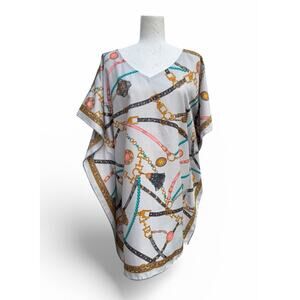 Stacy Bradley Caftan Grey Designer 100% Silk Chains Print Resort Look $239